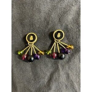 Vintage Signed Liz Claiborne Gold Tone Multi Color Pierced Earrings J156